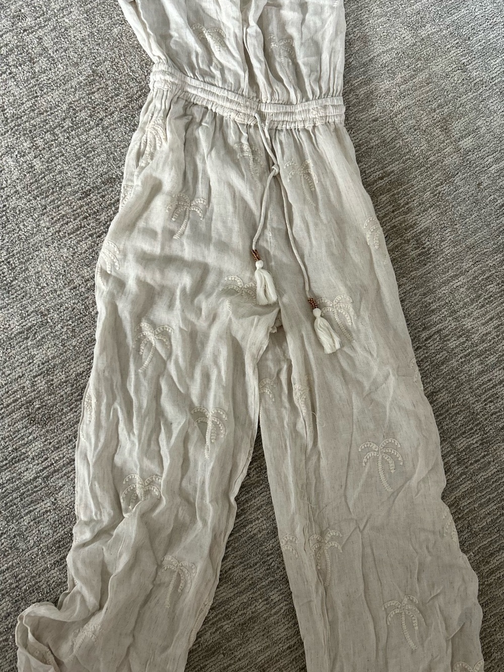 blue island Cream Embroidered Wide-Leg Jumpsuit with Tassel Tie